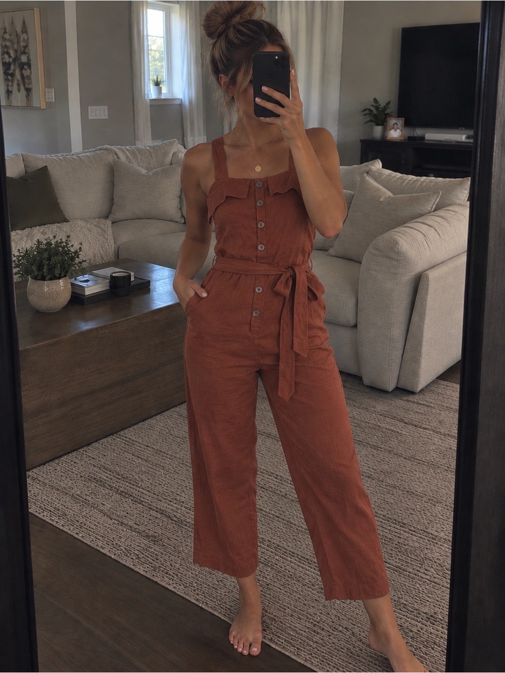 Billabong Button-Front Tie-Waist Sleeveless Jumpsuit